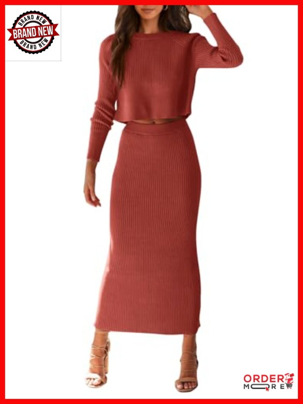 Rib Knit 2 Piece Sweater Set Long Sleeve Crop Top Maxi Skirt Casual Outfit